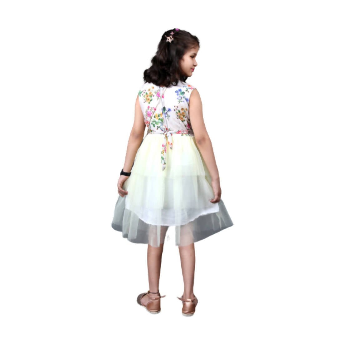Akarshan Cotton Blend Floral Barbie Frock With Three Layered White Net - Cream & White