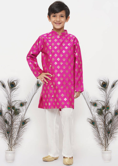 Little Bansi Boys Banarsi Silk Sherwani & Pyjama - Magenta & Cream