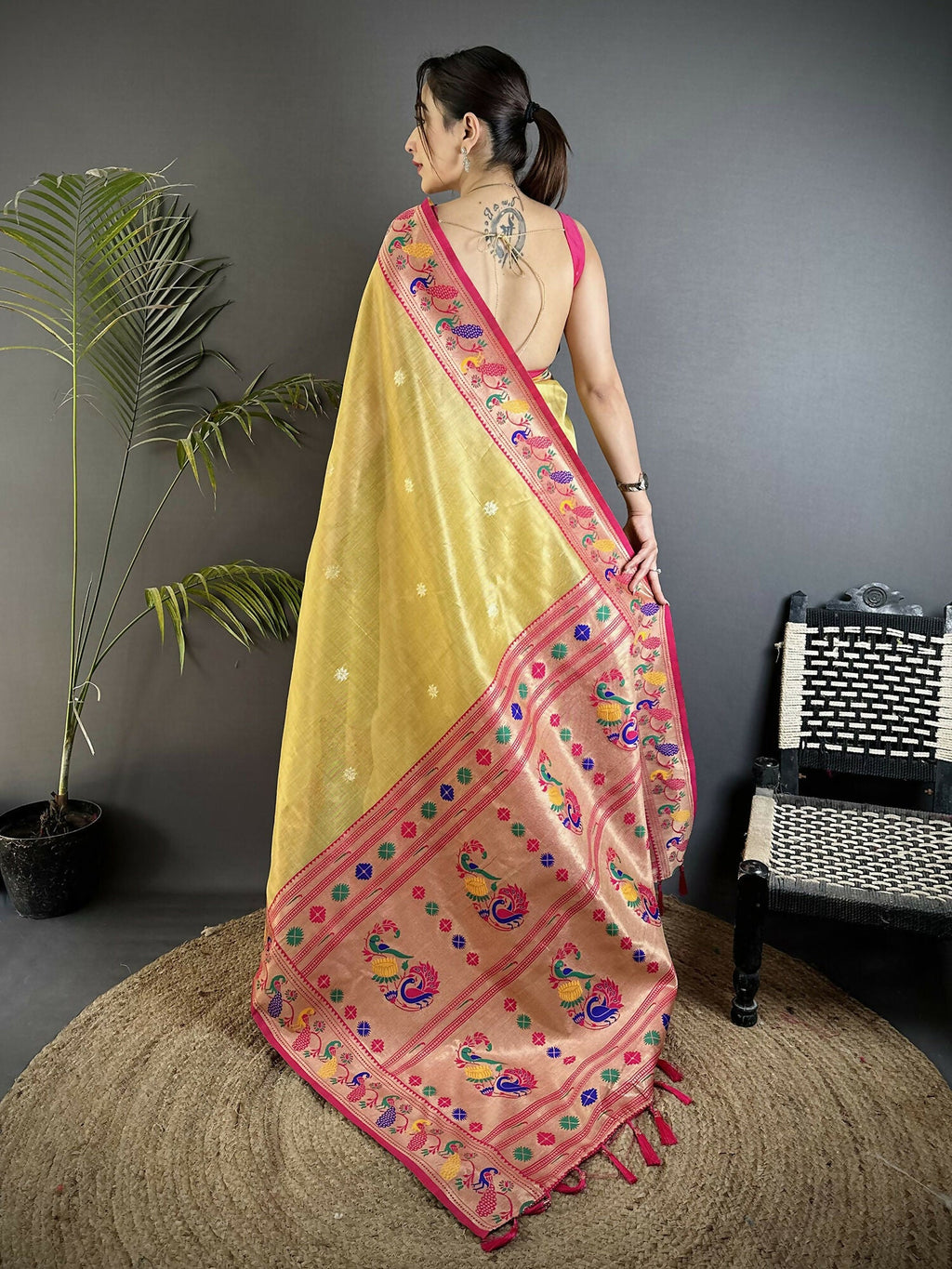 Joban Fashion Golden Yellow Zari Weaving Tissue Paithani Saree