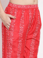 Myshka Women's Red Cotton Printed 3/4 Sleeve Round Neck Casual Kurta Pant Dupatta Set