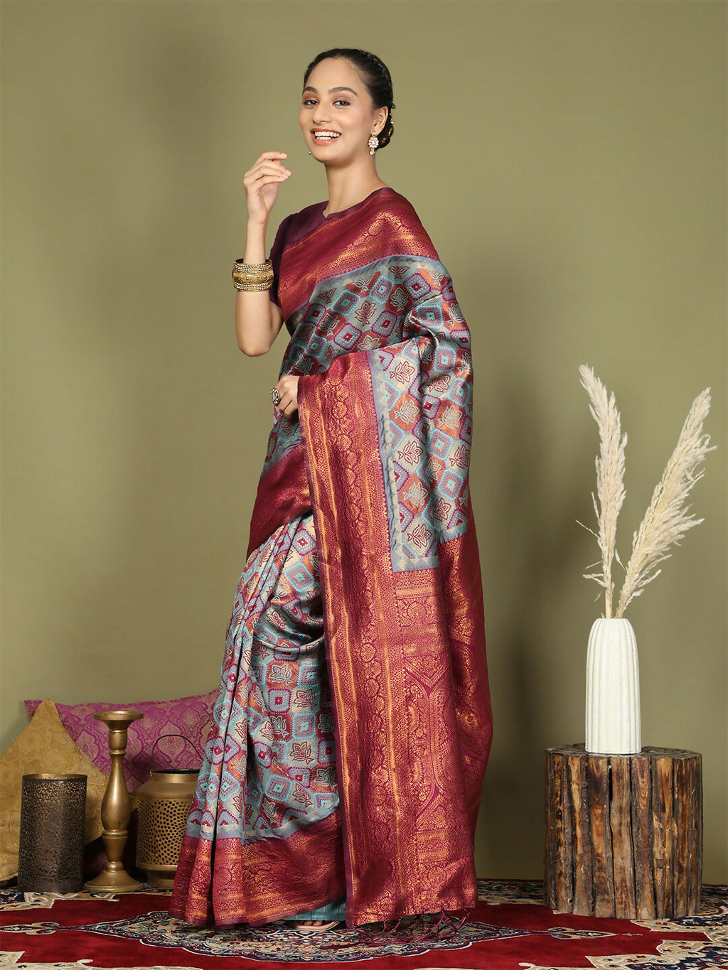 Shree Shyam Fashion Lichi Silk Teal Saree - Distacart