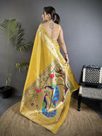Joban Fashion Yellow Peacock & Floral Motifs Tissue Paithani Saree - Distacart