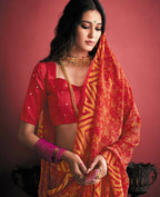 Red Georgette Brasso Floral Printed Saree With Unstitched Blouse Piece - Zyanya
