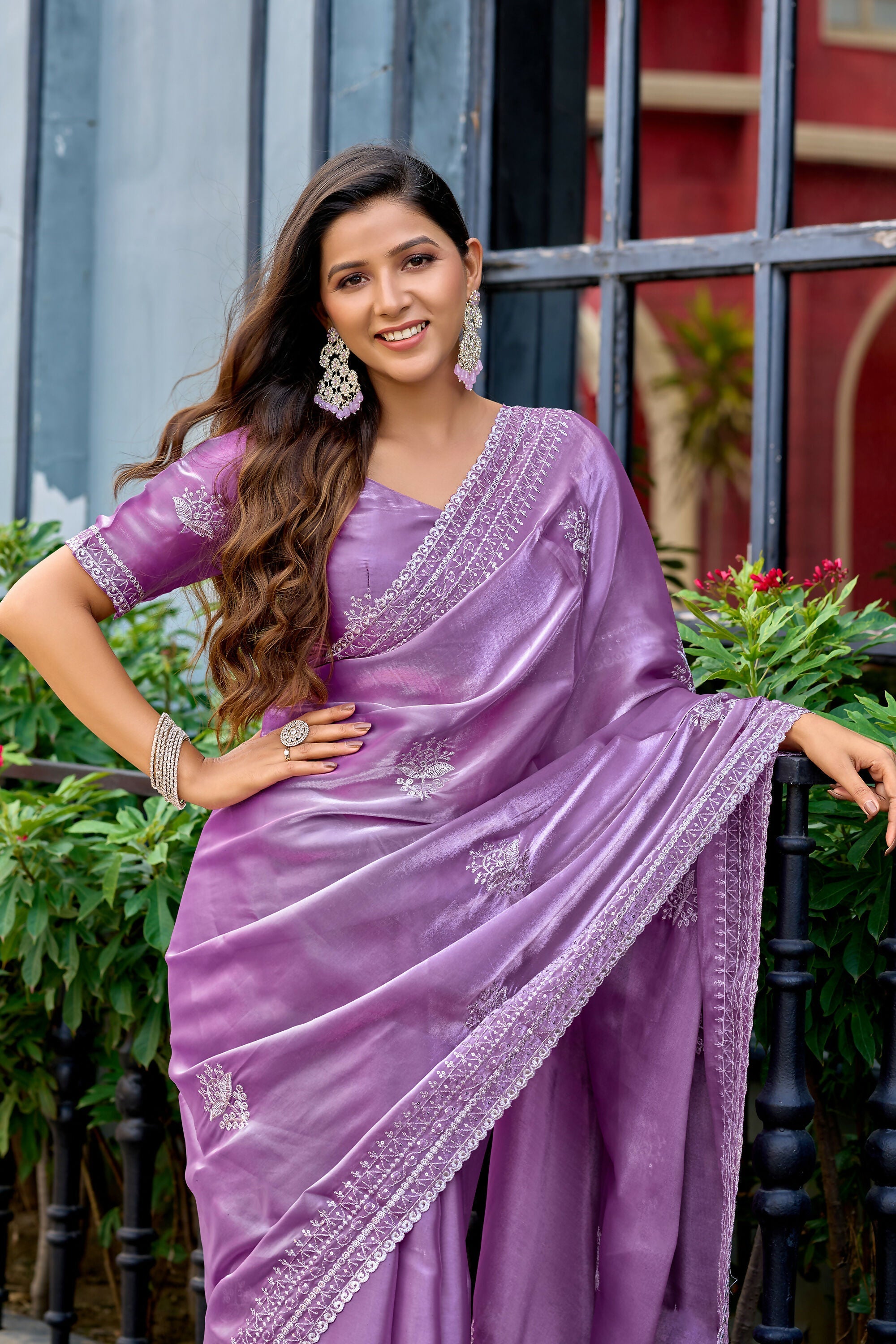 Vastranavya Lavender Embroidery Work Shimmer Chiffon Saree with Unstitched Blouse - Distacart