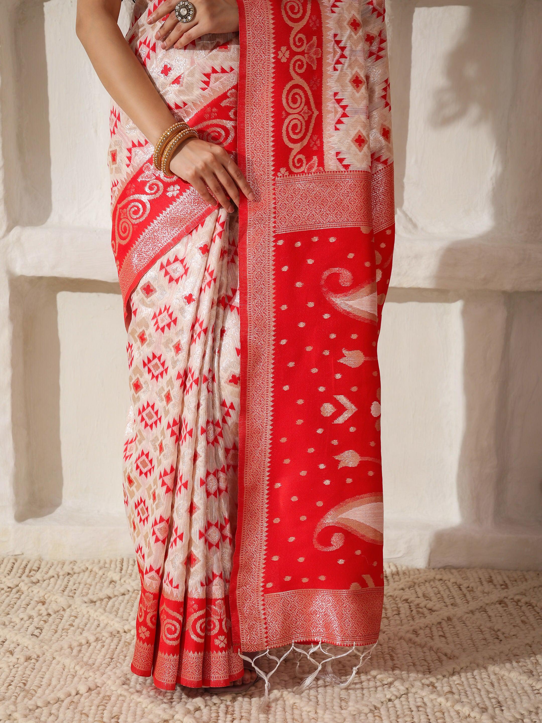 Shree Shyam Fashion Linen Cotton Red & White Saree - Distacart
