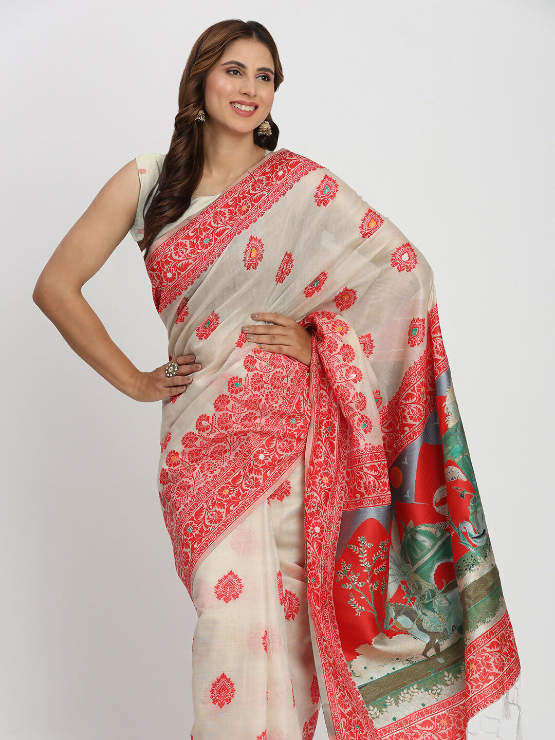 Shree Shyam Fashion Linen Cotton Cream & Red Saree - Distacart