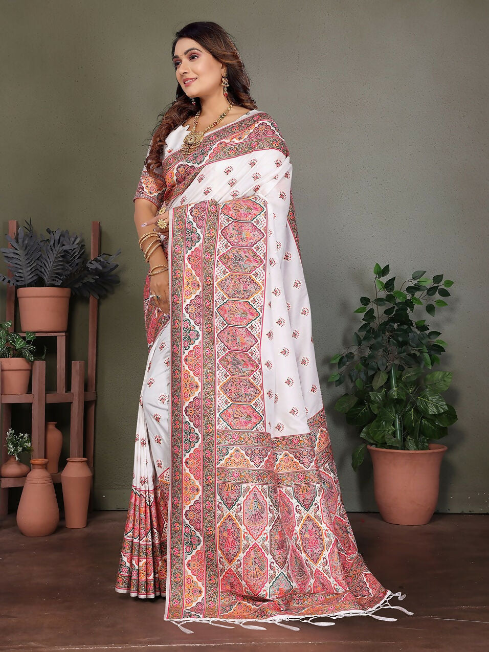 Joban Fashion White Thread Woven Pashmina Sarees