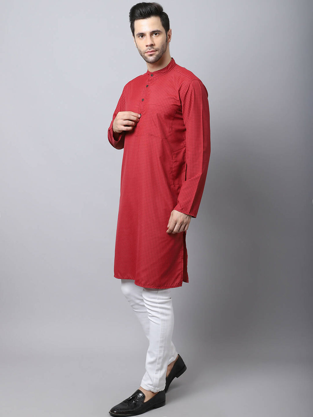 Even Apparels Maroon Cotton Checked Men's Kurta With Band Collar - Distacart