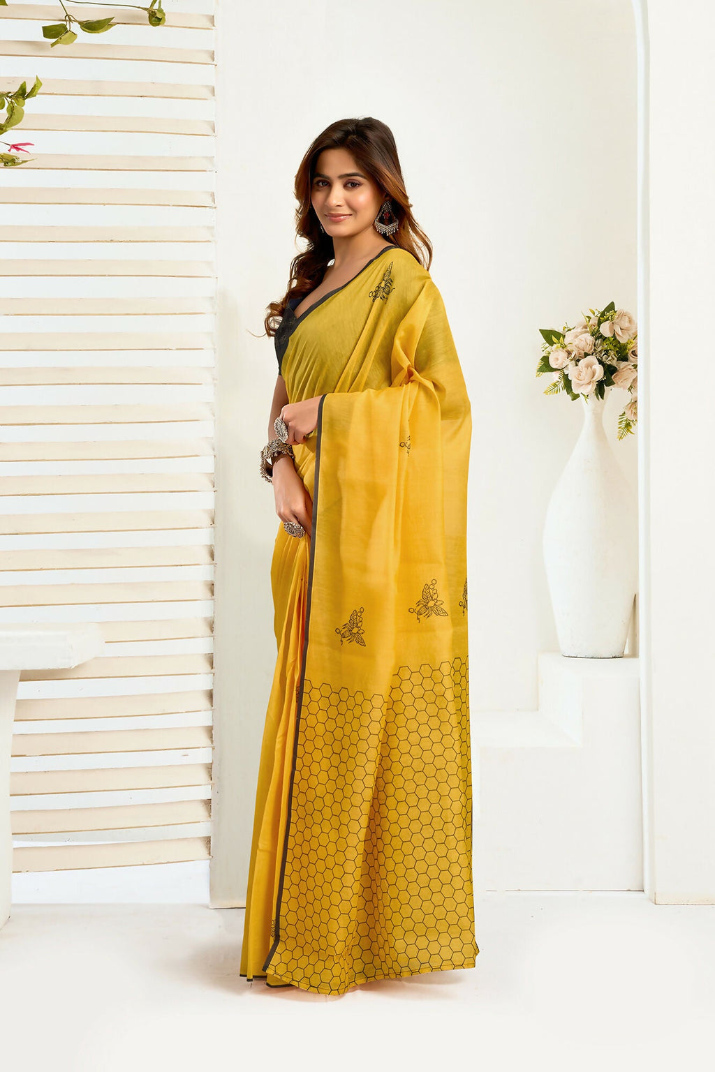 Vastranavya Mustard Digital Printed Linen Ready To Wear Designer Saree with Unstitched Blouse - Distacart