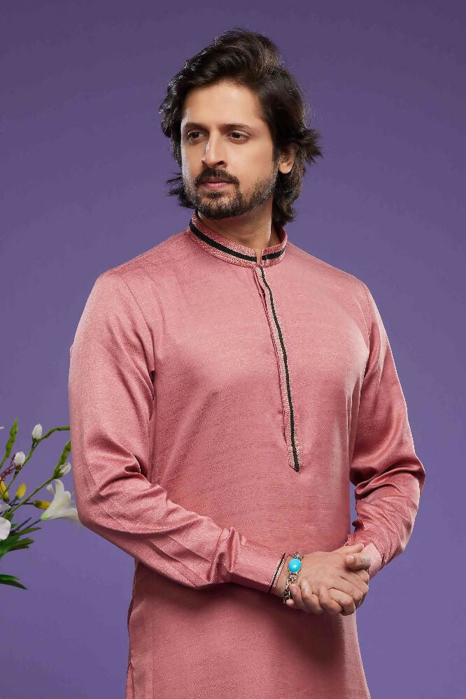 Raivat Ethnic Art Banarasi Silk Thread Work Kurta Pajama In Pink Colour