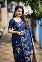 Navy Blue Pure Silk Woven Design Saree with Unstitched Blouse - A2M