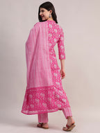 Aavyora Women's Pink Floral Print Cotton A-Line Kurta with Striped Trouser & Dupatta
