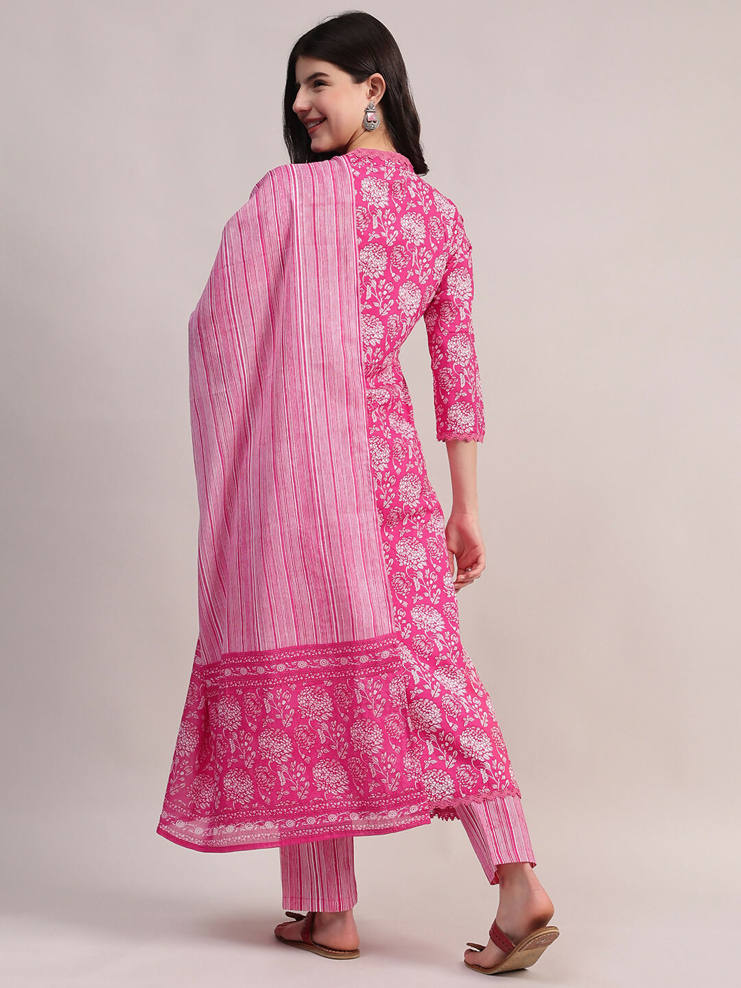 Aavyora Women's Pink Floral Print Cotton A-Line Kurta with Striped Trouser & Dupatta