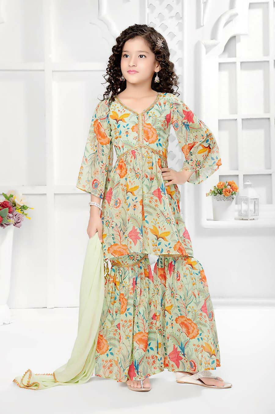 Kids Functional Designer Pista Green Digital Flower Print On Georgette Shrara Suit - Aaradhna
