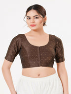 Joban Fashion Brown Taffeta Silk Elbow Sleeveless Front Open Blouse
