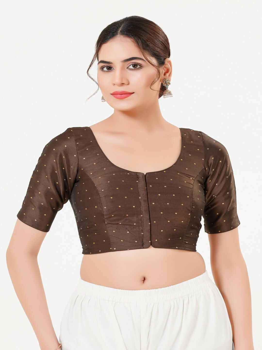 Joban Fashion Brown Taffeta Silk Elbow Sleeveless Front Open Blouse