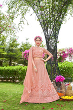 Peach Net Embroidered Semi Stitched Lehenga Choli with Dupatta - Bhagya