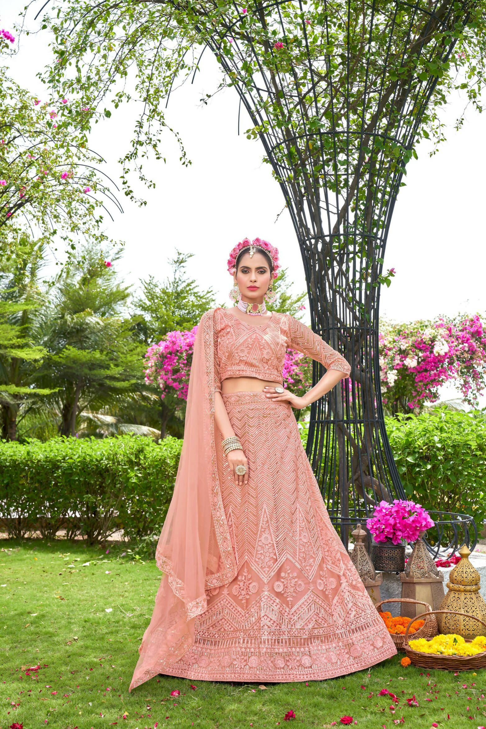 Peach Net Embroidered Semi Stitched Lehenga Choli with Dupatta - Bhagya