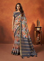 Grey Rangkat and Crepe Silk Abstract Saree With Unstitched Blouse Piece - Mohmanthan Royal Saachi