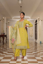 Jyoti Fashion Women's Light Yellow Cotton Silk Floral Print with Embroidered Kurta Set