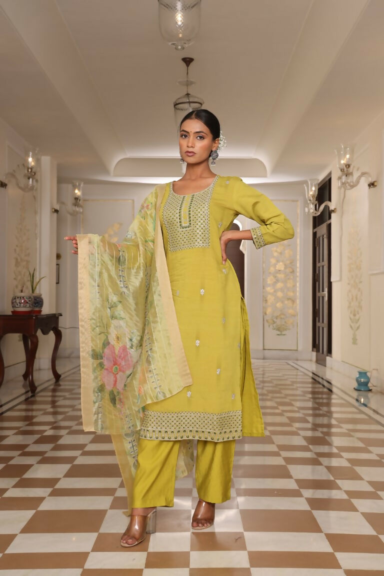 Jyoti Fashion Women's Light Yellow Cotton Silk Floral Print with Embroidered Kurta Set