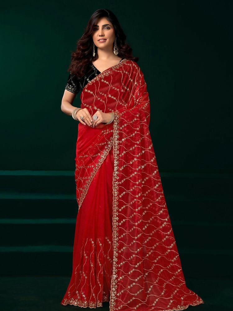 Joban Fashion Red Net Party Wear Sarees - Distacart