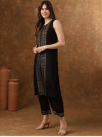 Cheera Women Stylish Hand Block Printed Cotton Blend Flared Kurta - Black