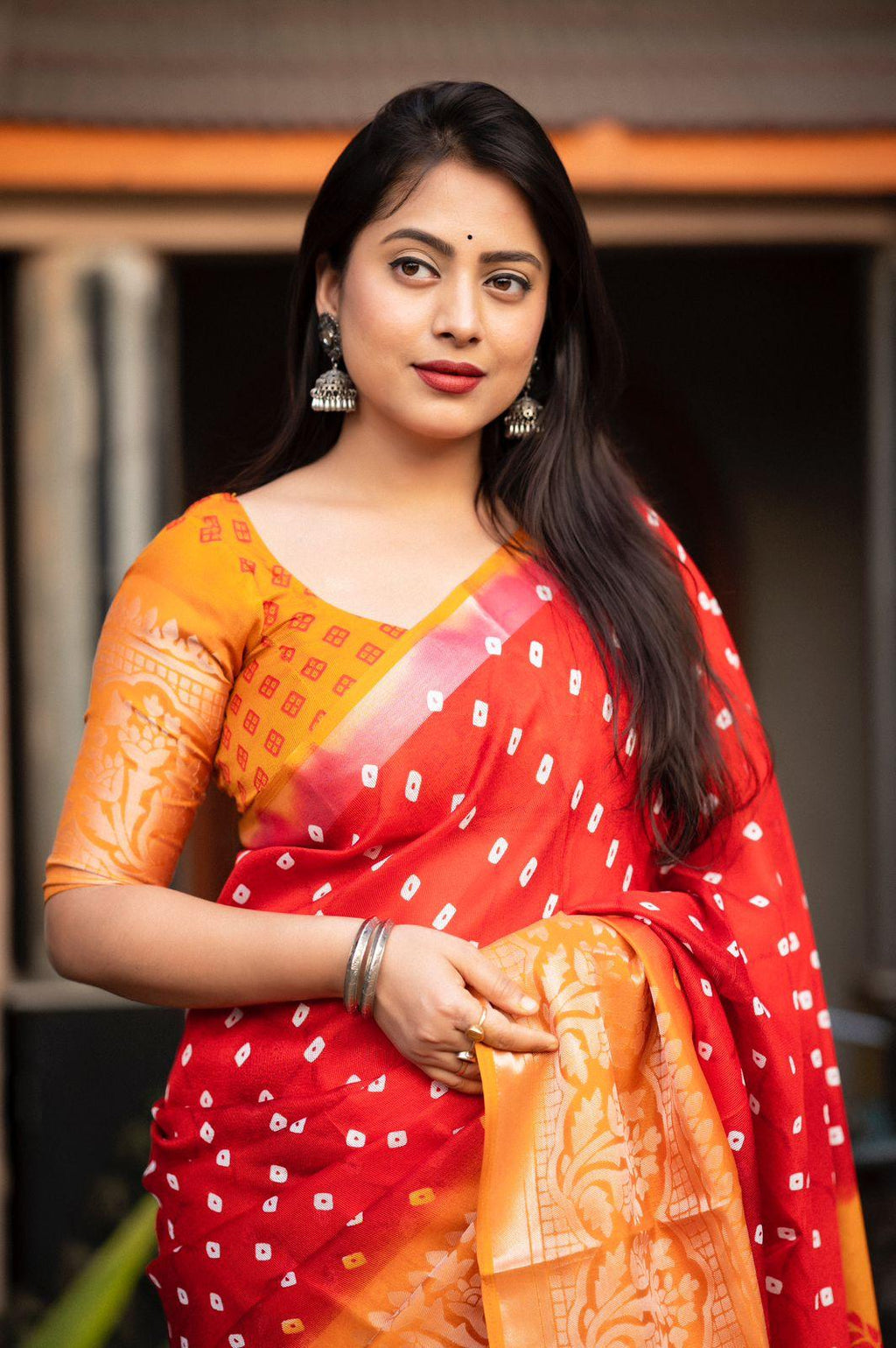 Red Jute Silk Printed Saree with Unstitched Blouse - Hiral Fashion