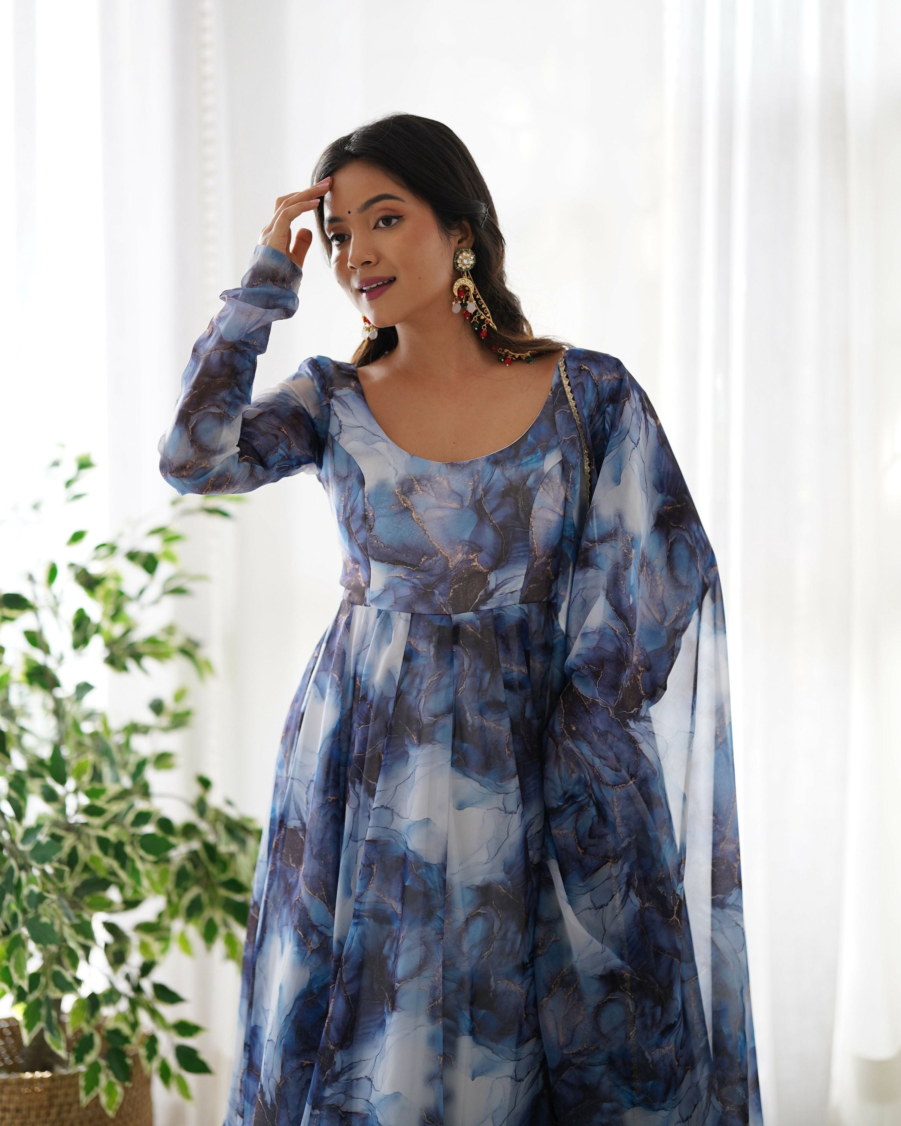 Joban Fashion Navy Blue Kurta Set Organza Sequin Embroidery Work - Distacart