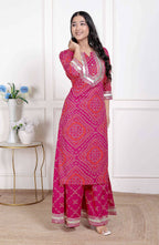 Miravan Women's Pink Bandhani Printed Straight Kurta with Palazzo & Dupatta