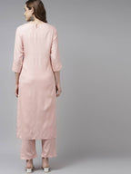 Yufta Women Pink Ethnic Motifs Yoke Design Thread Work Kurta with Palazzo