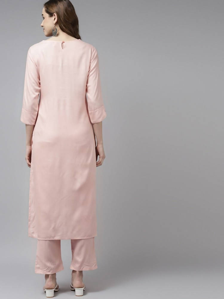 Yufta Women Pink Ethnic Motifs Yoke Design Thread Work Kurta with Palazzo