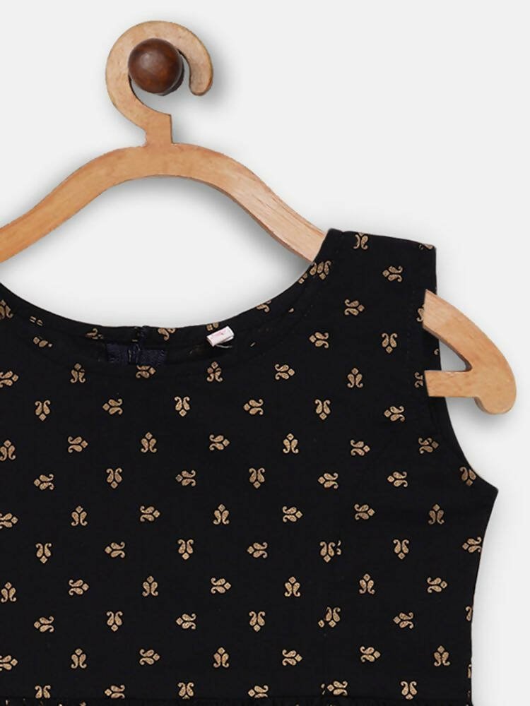 Ahalyaa Black Cotton Gold Print Kids Kurta Sharara Sets For Girls