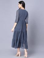 Myshka Georgette Solid 3/4 Sleeve Round Dark Grey Women Dress - Distacart