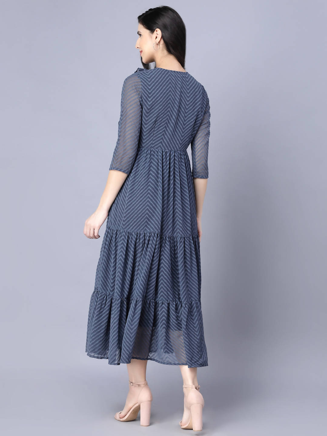 Myshka Georgette Solid 3/4 Sleeve Round Dark Grey Women Dress - Distacart