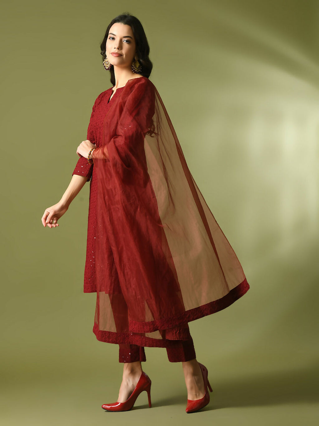 Myshka Women's Maroon Embroidered Cotton Straight Party Kurta Set With Dupatta