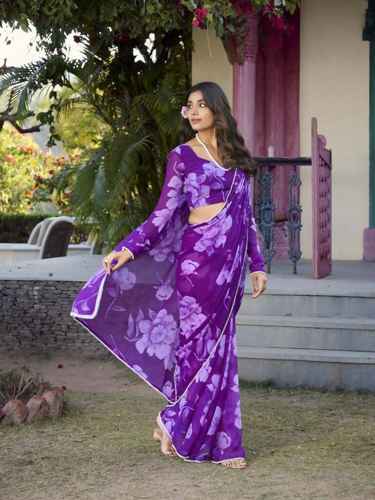 Vastranavya Purple Chiffon Floral Printed & Pearl Lace Border Saree with Unstitched Blouse