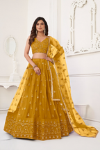Eilara Women'S Mustard Yellow Butterfly Net With Tone Thread Work And Sandwich Embroidered Work Lehenga Choli For Wedding