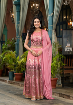 Juniper Women's Pink Ethnic Motif Printed Lehenga Set With Sequins & Gota Patti