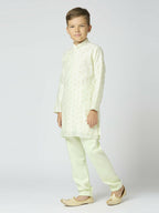 Joban Fashion Kids Island Full Sleeves Chanderi Kurta, Pyjama Set with Traditional Butta Work - Pista - Distacart