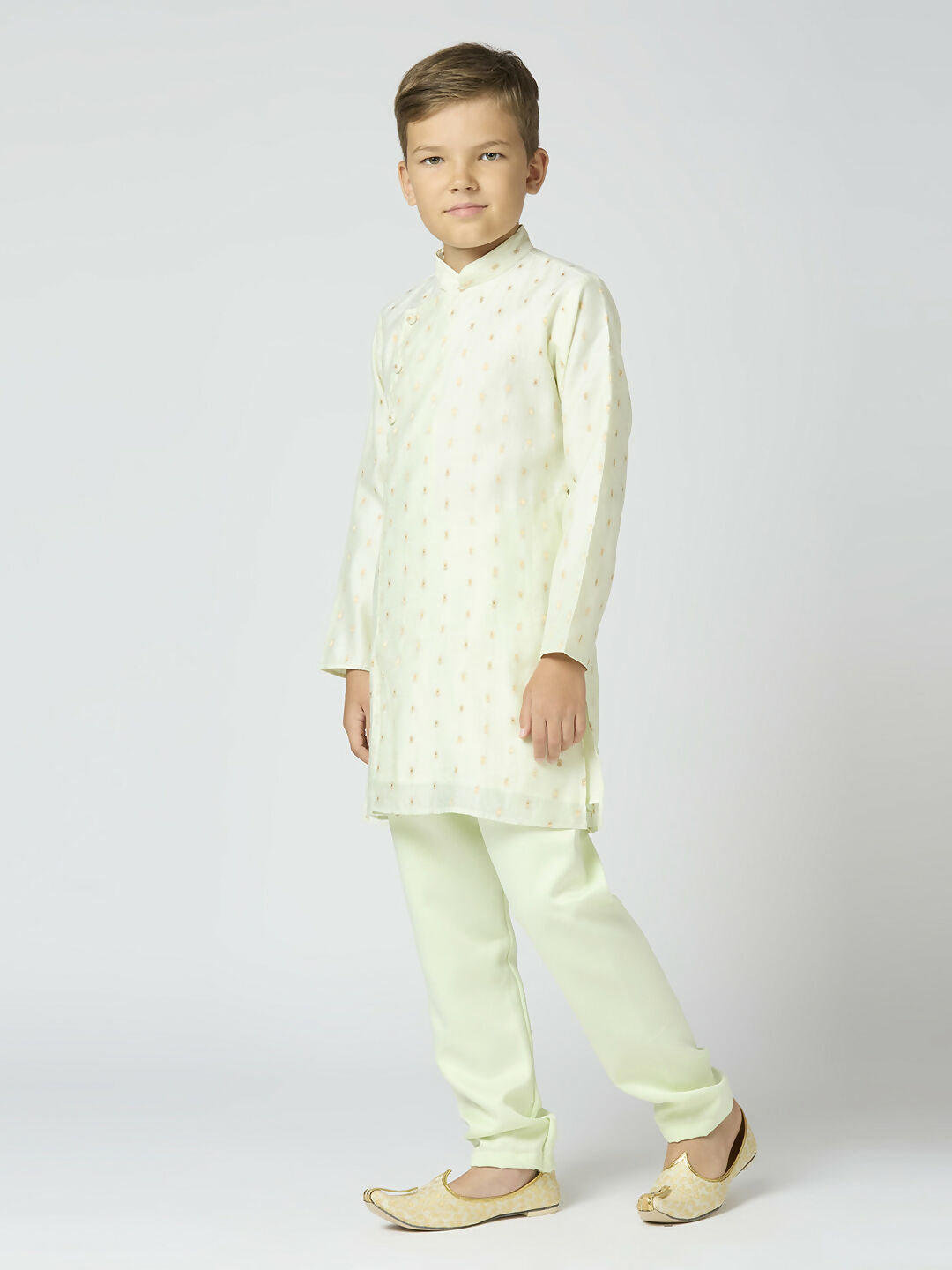 Joban Fashion Kids Island Full Sleeves Chanderi Kurta, Pyjama Set with Traditional Butta Work - Pista - Distacart