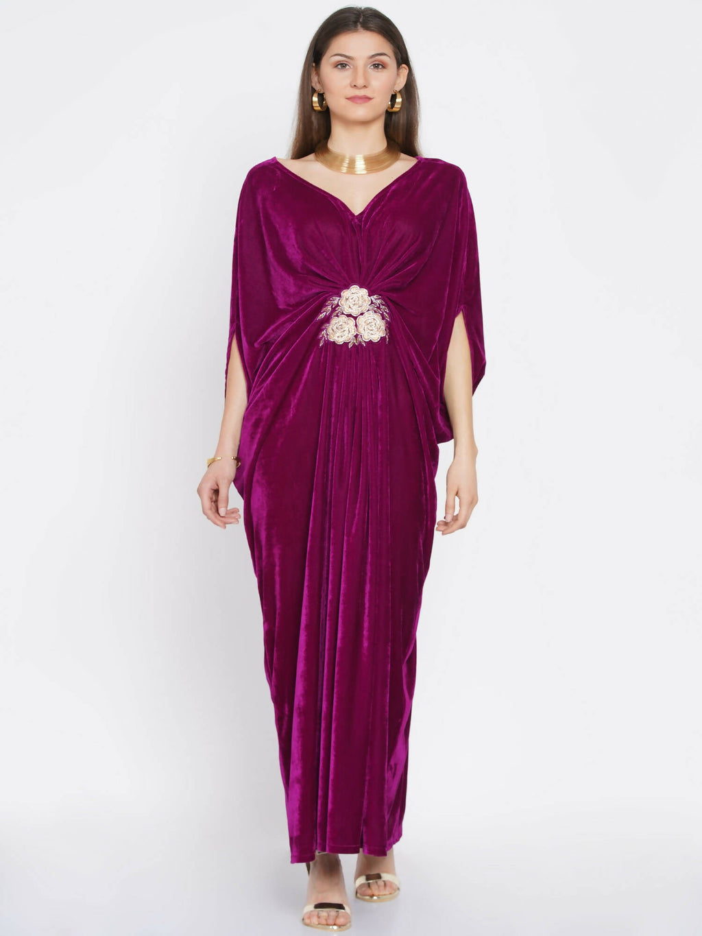 Women Republic Wine Velvet Embroiderd Gown - Distacart
