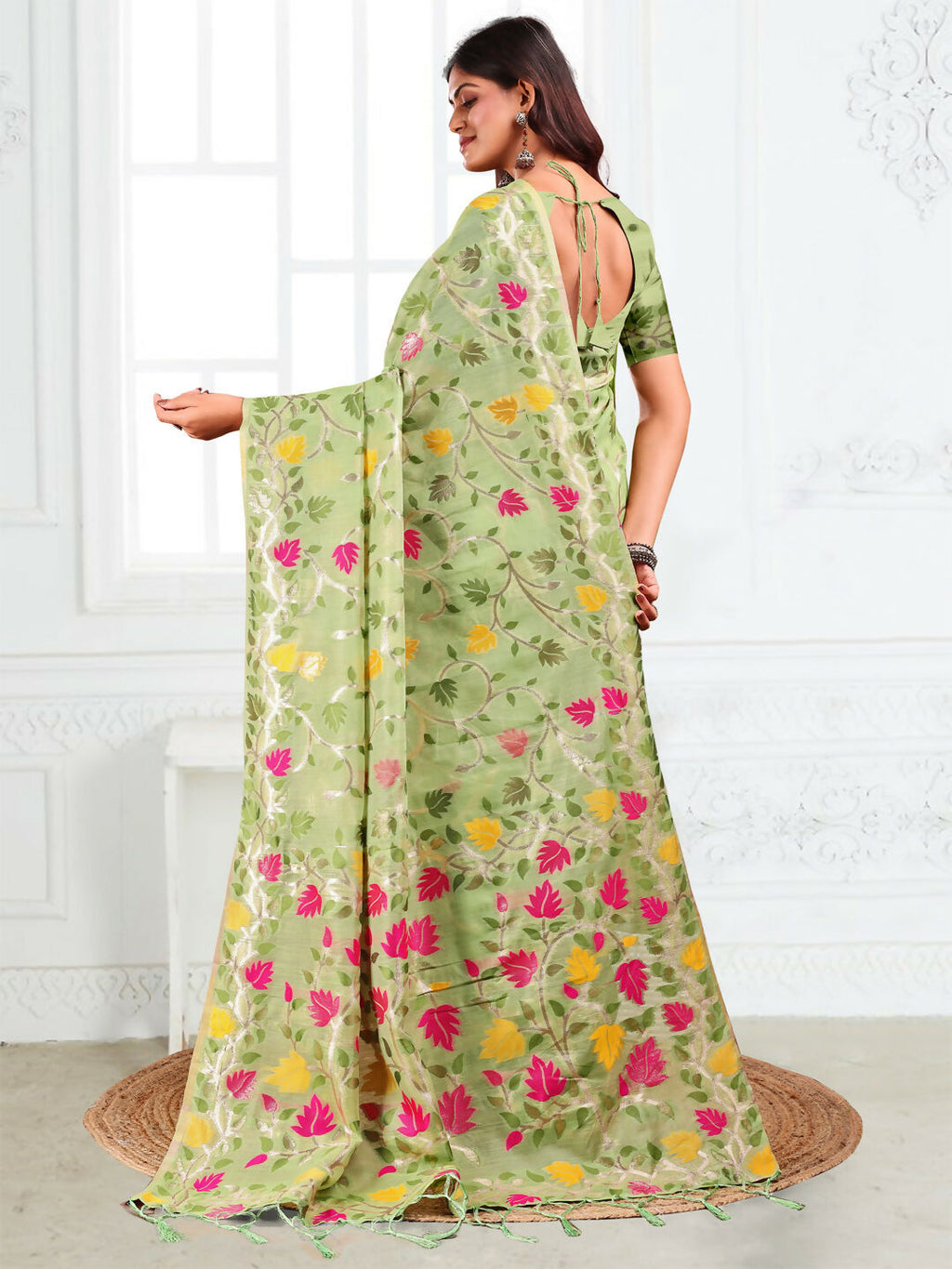 Shree Shyam Fashion Linen Cotton Light Green Saree - Distacart
