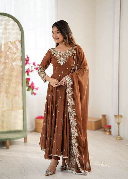 Teeya Creation Browm Color Faux georgette Embroidery Work Wedding Wear Gown