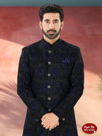 Joban Fashion Men's Blue Base Straight Velvet Thread And Sequence Embroidary All Over Indo-Western Kurta Set