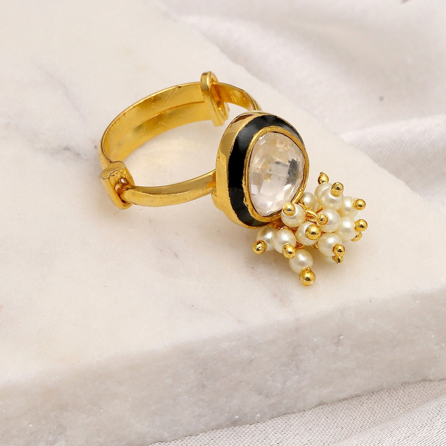 Kundan Ring with Pearls (Gold) - Ruby Raang