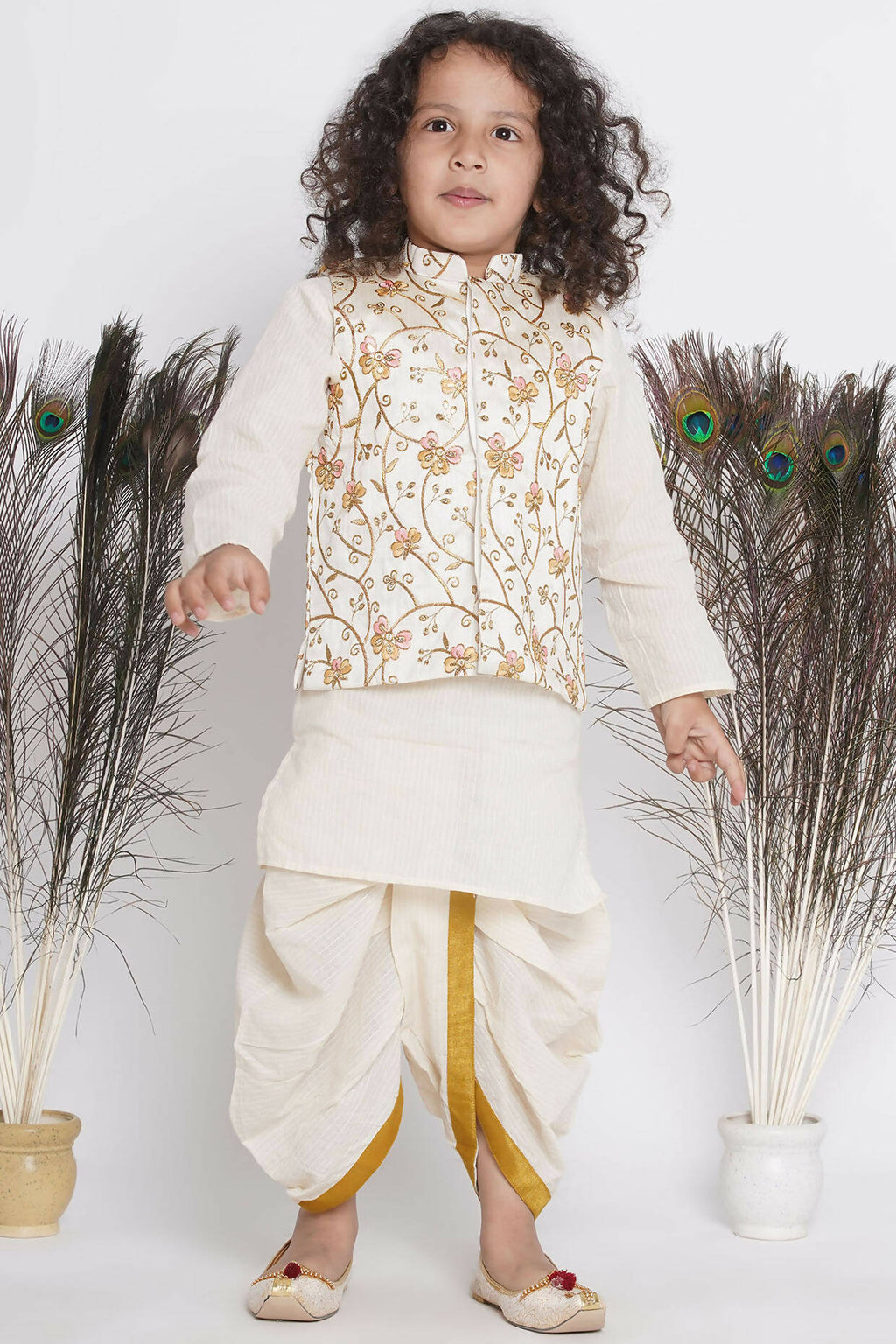 Little Bansi Banarsi Silk Orange Pink Floral Embroidery Jacket With Cotton Kantha kurta And Kantha Dhoti - Cream