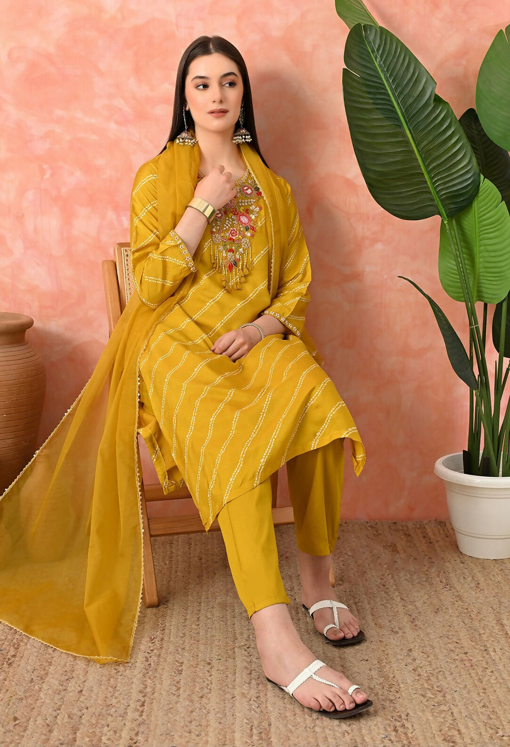 Joban Fashion Mustard Premium Pure Viscose Print Dola With Handwork Kurta Set