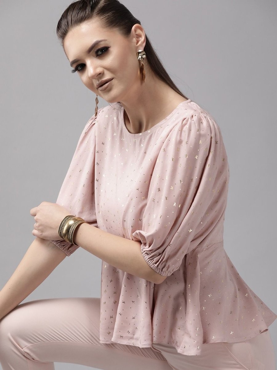 Ahalyaa Women Pink Rayon Gold Foil Print Tunic