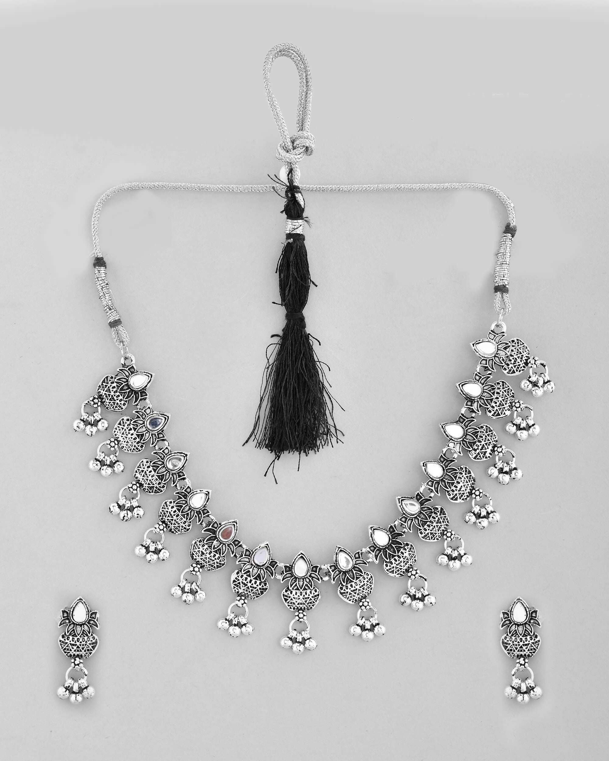 VOJ Silver Plated Oxidized Kalash Shaped Choker with Earring Set